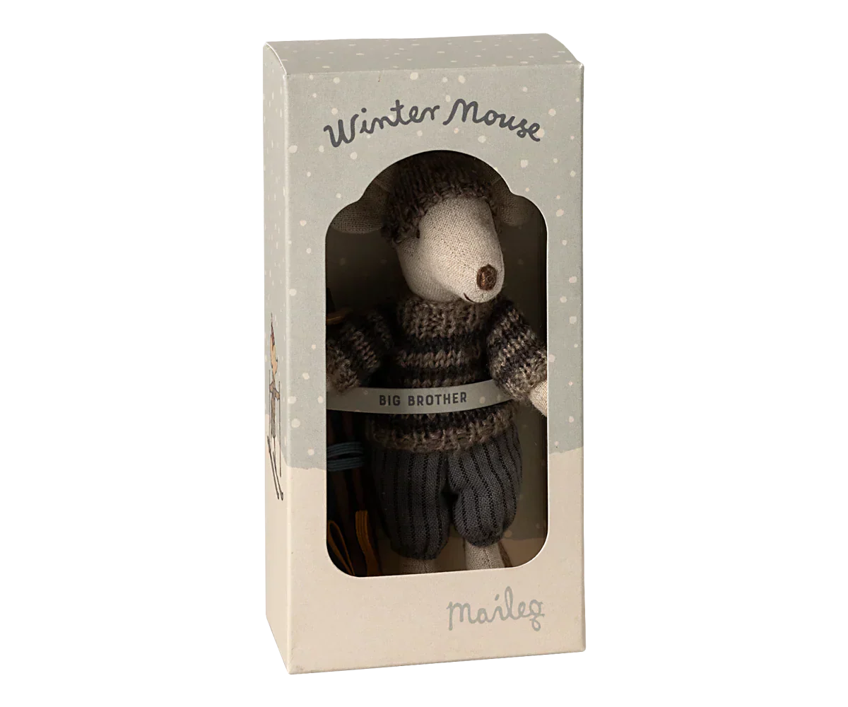 Maileg Winter mouse with ski set, Big brother - Grey