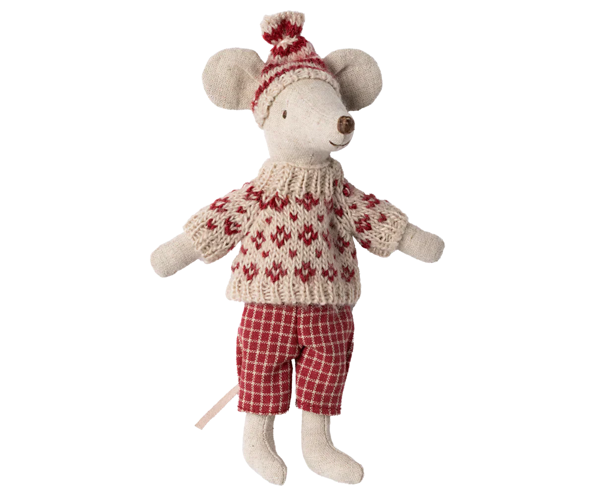 Maileg Winter mouse with ski set, Mum - Red