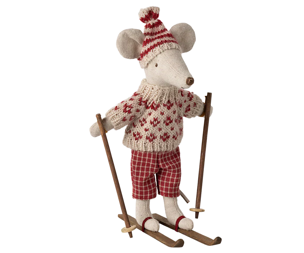 Maileg Winter mouse with ski set, Mum - Red