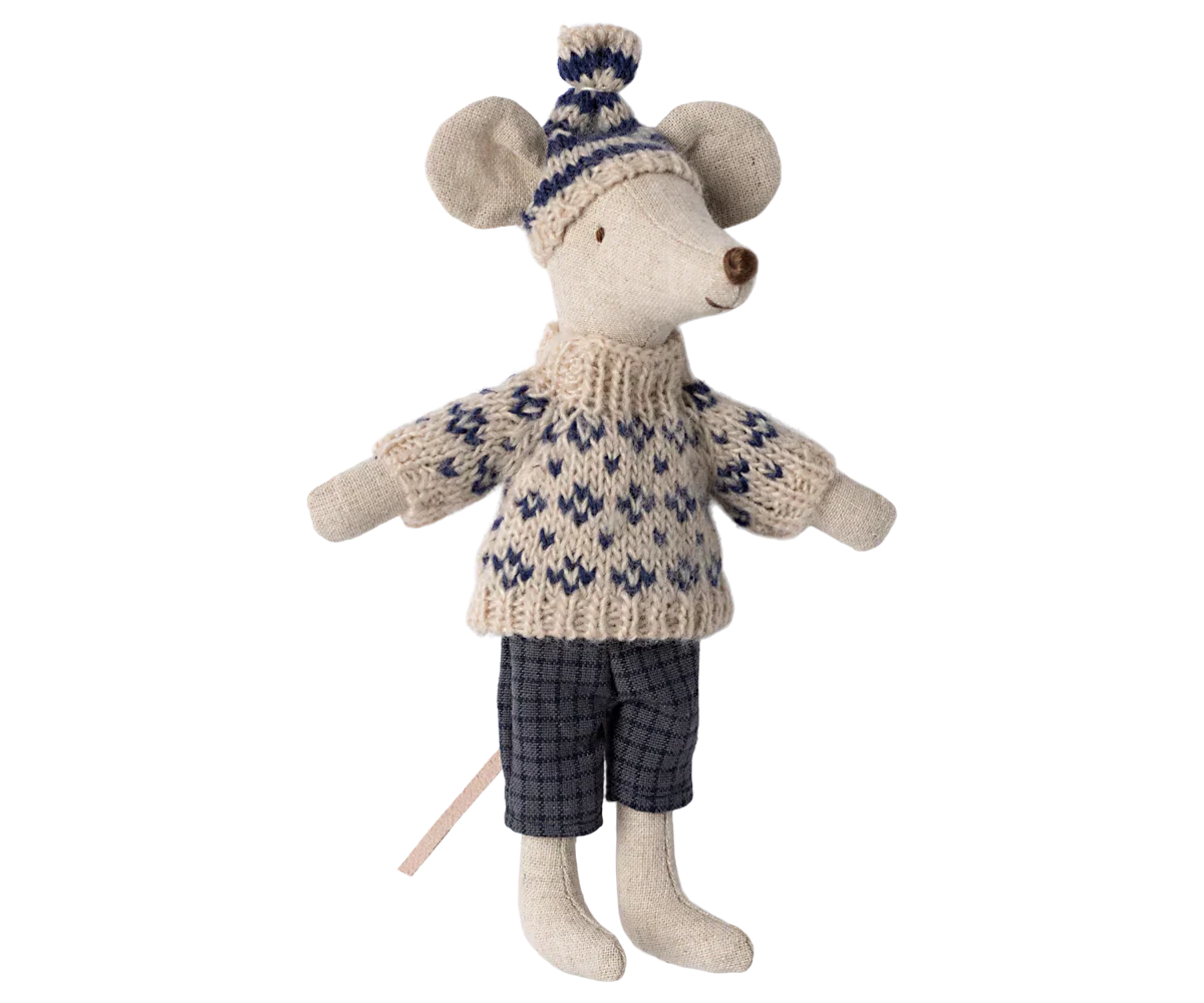 Maileg Winter mouse with ski set, Dad - Blue