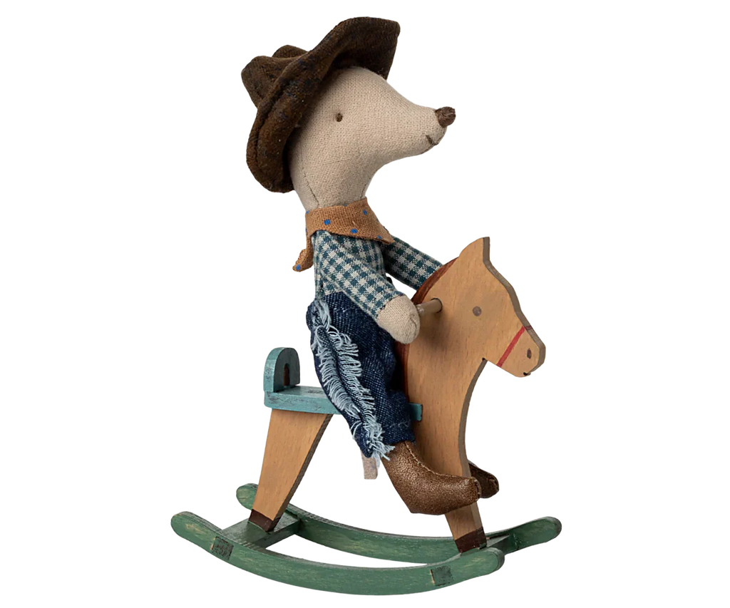 Maileg Cowboy mouse on rocking horse, Little brother