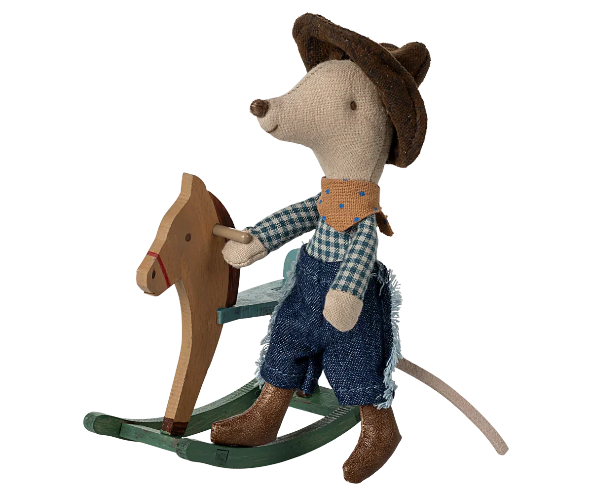 Maileg Cowboy mouse on rocking horse, Little brother